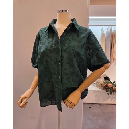 플라워 자수 카라 셔츠