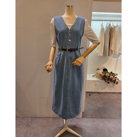 벨티드 데님 민소매 원피스