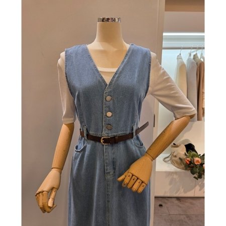 벨티드 데님 민소매 원피스