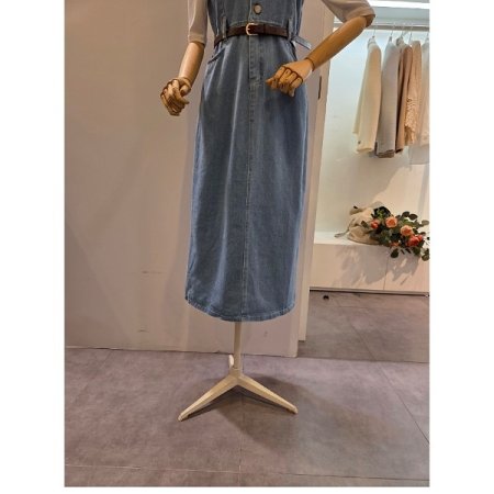 벨티드 데님 민소매 원피스