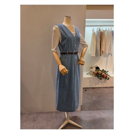 벨티드 데님 민소매 원피스