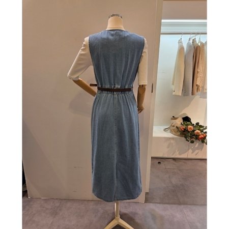 벨티드 데님 민소매 원피스