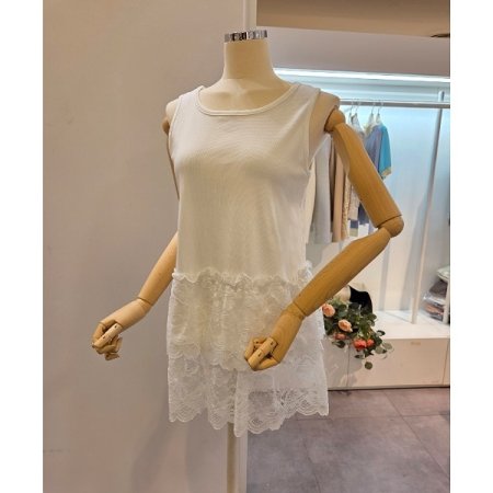 레이스 배색 민소매 티셔츠