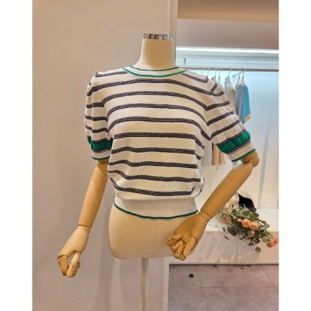 퍼프 소매 스트라이프 니트