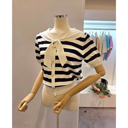 리본 카라 줄무늬 니트