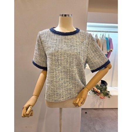 청 배색 트위드짜임 티셔츠