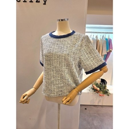 청 배색 트위드짜임 티셔츠