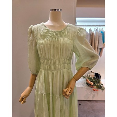 라운드넥 셔링 7부소매 원피스