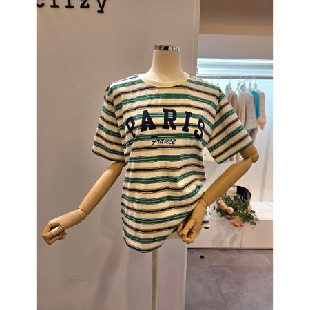 레터링 스트라이프 라운드 티셔츠