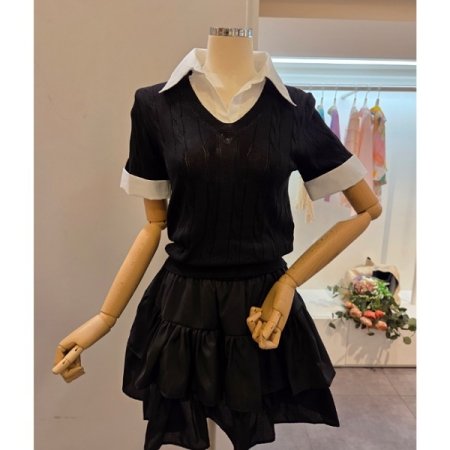 셔츠 배색 카라 반팔 니트