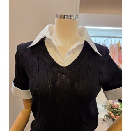 셔츠 배색 카라 반팔 니트