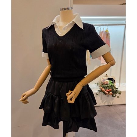 셔츠 배색 카라 반팔 니트