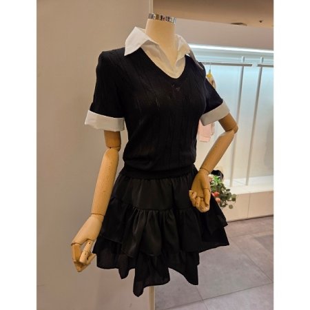 셔츠 배색 카라 반팔 니트