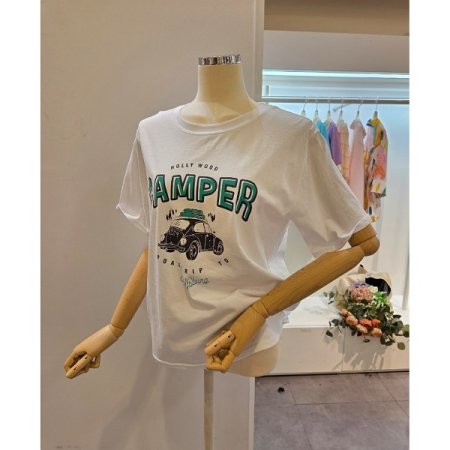 자동차 프린팅 레터링 라운드넥 티셔츠