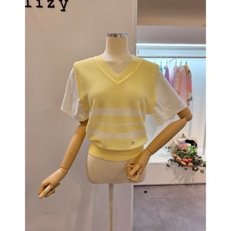 옐로우화이트 배색 니트 조끼