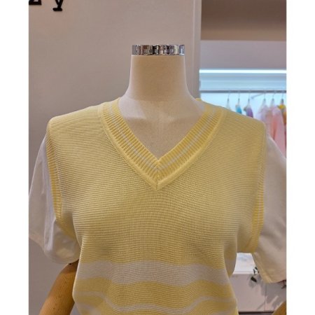 옐로우화이트 배색 니트 조끼