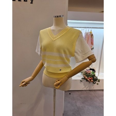옐로우화이트 배색 니트 조끼