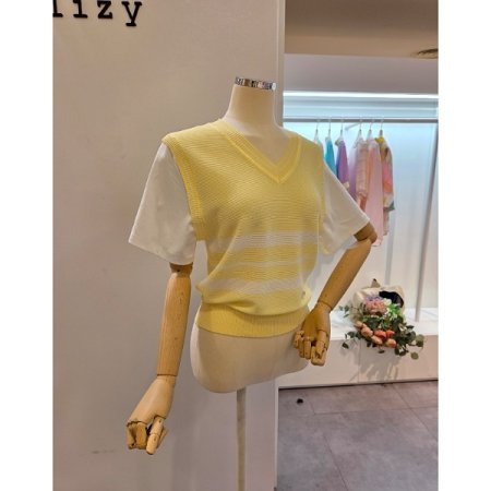 옐로우화이트 배색 니트 조끼