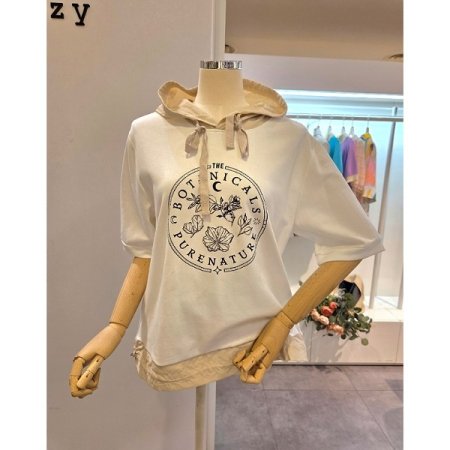 플라워 프린팅 반팔 후드 티셔츠