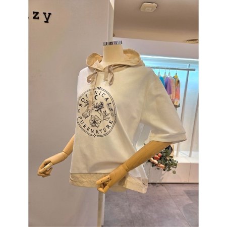 플라워 프린팅 반팔 후드 티셔츠