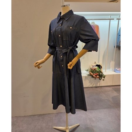 양포켓 벨티드 카라 원피스