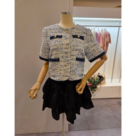 청 배색 트위드 자켓