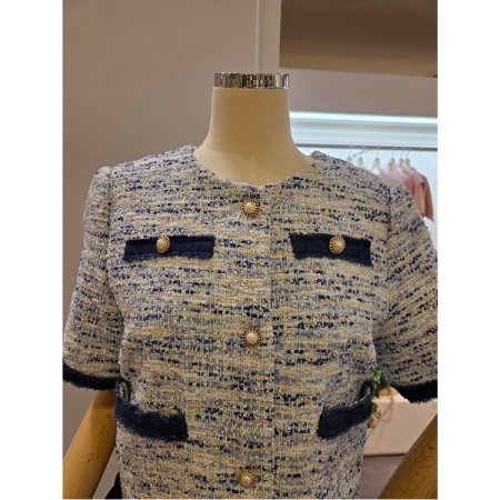 청 배색 트위드 자켓