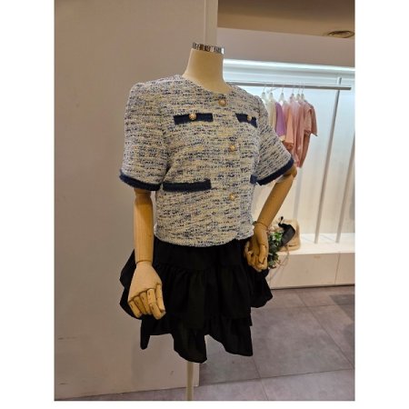 청 배색 트위드 자켓