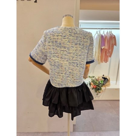 청 배색 트위드 자켓