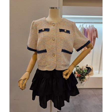 양포켓 배색 트위드 자켓