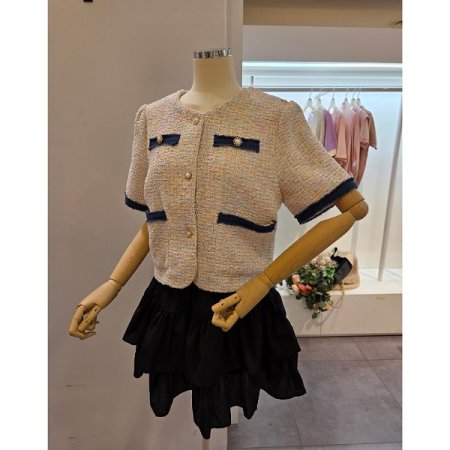 양포켓 배색 트위드 자켓