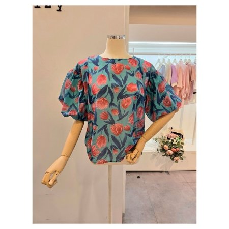 벌룬소매 플라워 블라우스