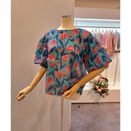 벌룬소매 플라워 블라우스