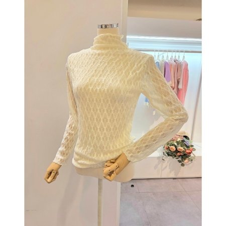 소매 시스루 패턴 티셔츠