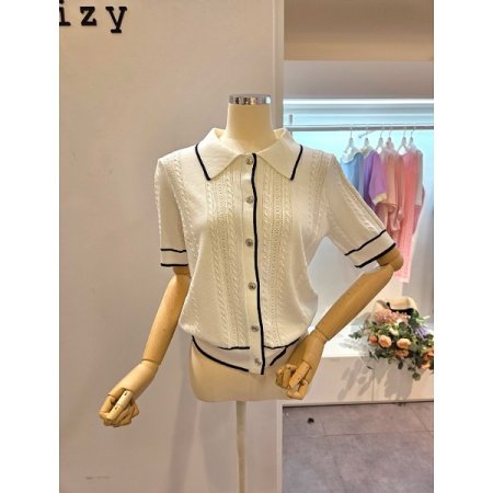 배색 카라 펀칭 가디건