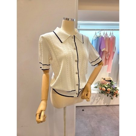 배색 카라 펀칭 가디건