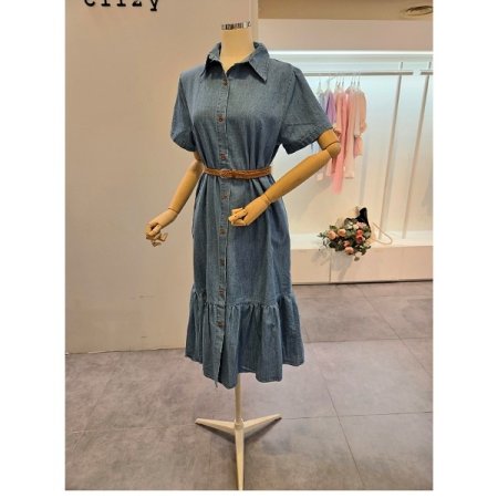 꽈배기벨트 청 카라 원피스