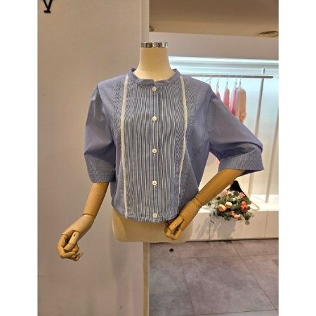 배색 핀턱 줄지 셔츠