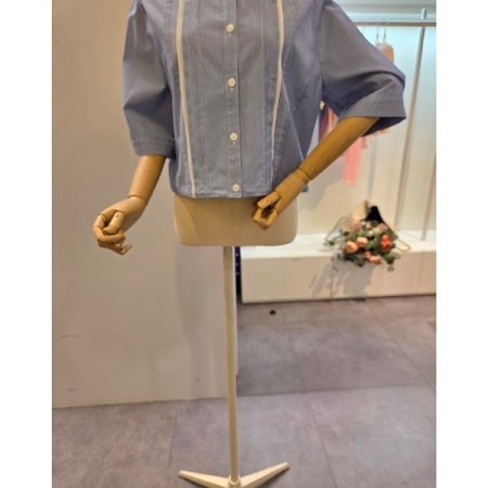 배색 핀턱 줄지 셔츠