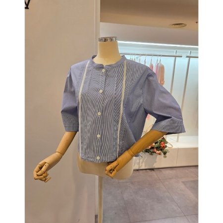 배색 핀턱 줄지 셔츠