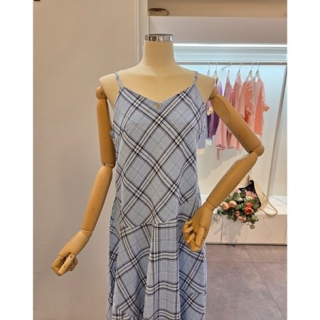 체크 끈 롱 원피스