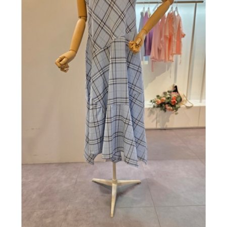 체크 끈 롱 원피스