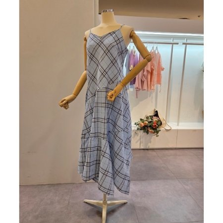 체크 끈 롱 원피스