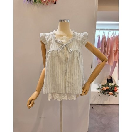 스트라이프 패턴 프릴 민소매 블라우스