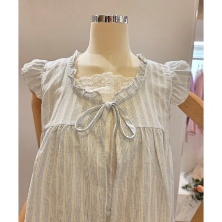 스트라이프 패턴 프릴 민소매 블라우스