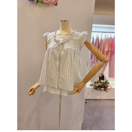 스트라이프 패턴 프릴 민소매 블라우스