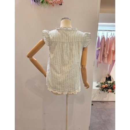 스트라이프 패턴 프릴 민소매 블라우스