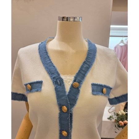 청 배색 브이넥 가디건