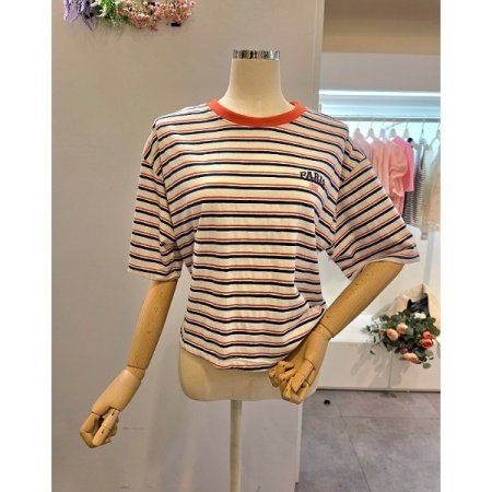 레터링 배색 줄무늬 티셔츠