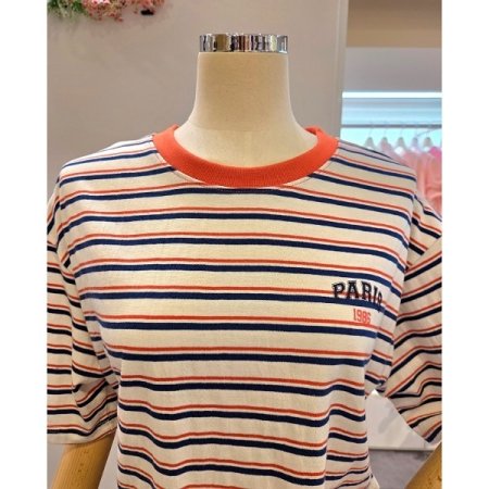 레터링 배색 줄무늬 티셔츠